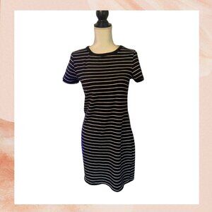Touched by Nature Black & White Striped Short Sleeve T-Shirt Dress